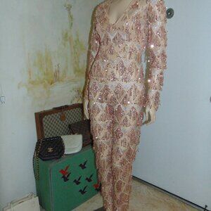 Pretty Little Thing Sequin Jumpsuit Champagne Mesh V-Neck sz 2 New Years